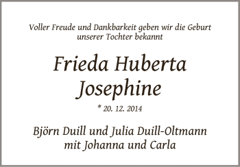 Babyanzeige von Frieda Huberta Josephine  von WESER-KURIER