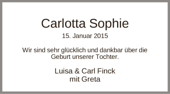 Babyanzeige von Carlotta Sophie  von WESER-KURIER