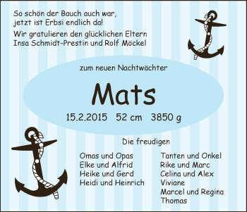 Babyanzeige von Mats  von WESER-KURIER