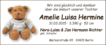 Babyanzeige von Amelie Luisa Hermine Richter von WESER-KURIER