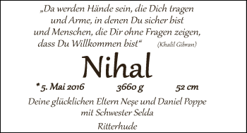 Babyanzeige von Nihal Poppe von Osterholzer Kreisblatt
