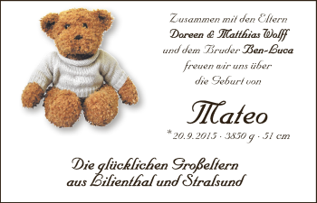 Babyanzeige von Mateo Wolff von Wuemme Zeitung