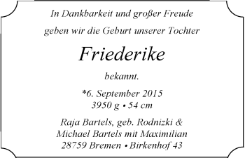Babyanzeige von Friederike Bartels von WESER-KURIER
