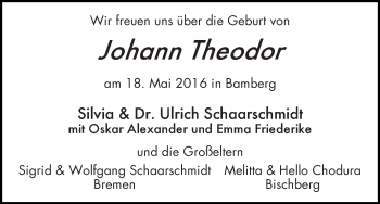 Babyanzeige von Johann Theodor Schaarschmidt von WESER-KURIER