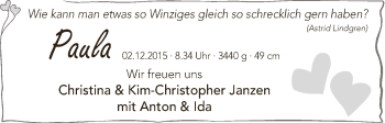 Babyanzeige von Paula Janzen von WESER-KURIER