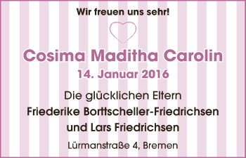 Babyanzeige von Cosima Maditha Carolin  von WESER-KURIER