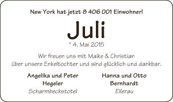 Babyanzeige von Juli Hegeler von WESER-KURIER