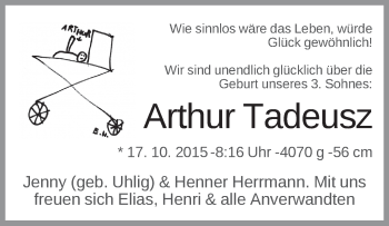 Babyanzeige von Arthur Tadeusz Herrmann von WESER-KURIER