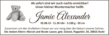 Babyanzeige von Jamie Alexander Laaser von WESER-KURIER