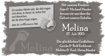 Babyanzeige von Melina Manke von Wuemme Zeitung