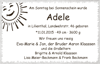 Babyanzeige von Adele Klaassen von WESER-KURIER