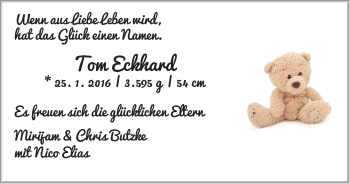 Babyanzeige von Tom Eckhard Butzke von WESER-KURIER