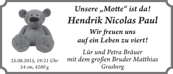 Babyanzeige von Hendrik Nicolas Paul Bräuer von WESER-KURIER
