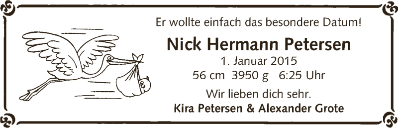 Anzeige für Nick Hermann Petersen vom 10.01.2015 aus WESER-KURIER
