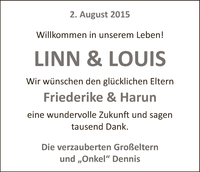 Anzeige für Linn und Louis  vom 08.08.2015 aus WESER-KURIER