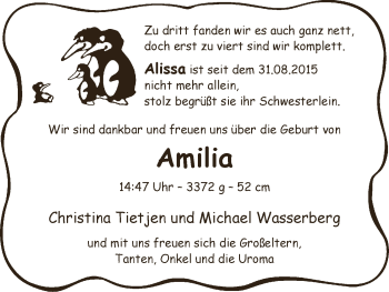 Babyanzeige von Amilia  von Osterholzer Kreisblatt