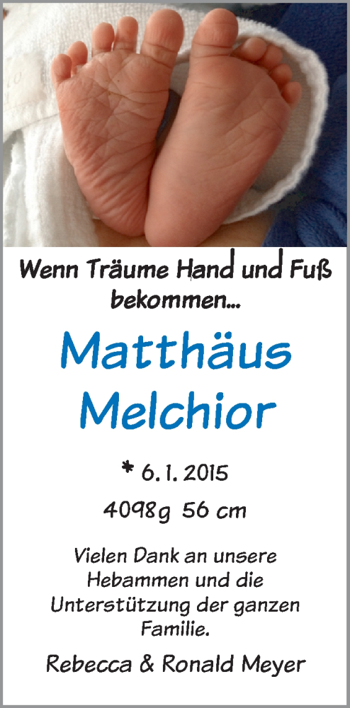 Anzeige für Matthäus Melchior Meyer vom 17.01.2015 aus WESER-KURIER