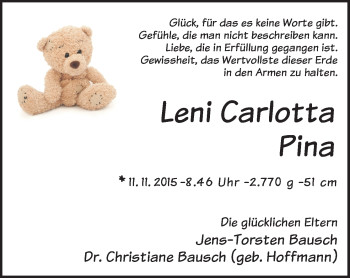 Babyanzeige von Leni Carlotta Pina  von WESER-KURIER
