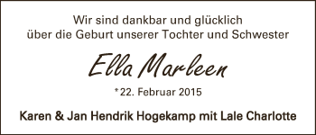 Babyanzeige von Ella Marleen Hogekamp von WESER-KURIER