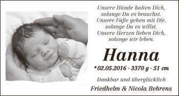Babyanzeige von Hanna Behrens von WESER-KURIER