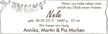 Babyanzeige von Nele Murken von WESER-KURIER