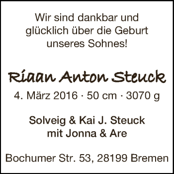 Babyanzeige von Riaan Anton Steuck von WESER-KURIER