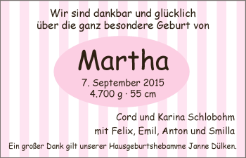 Babyanzeige von Martha Schlobohm von Wuemme Zeitung