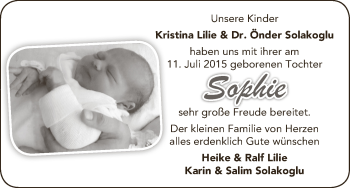 Babyanzeige von Sophie  von WESER-KURIER