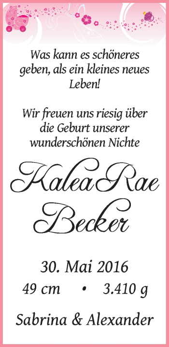 Babyanzeige von Kalea Rae Becker von Regionale Rundschau/Syker Kurier