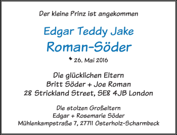 Babyanzeige von Edgar Teddy Jake Roman-Söder von Osterholzer Kreisblatt
