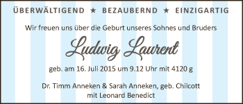 Babyanzeige von Ludwig Laurent Anneken von WESER-KURIER