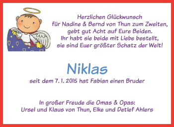 Babyanzeige von Niklas von Thun von WESER-KURIER