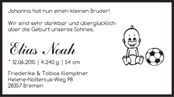 Babyanzeige von Elias Noah  von WESER-KURIER