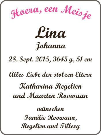 Babyanzeige von Lina Johanna  von WESER-KURIER