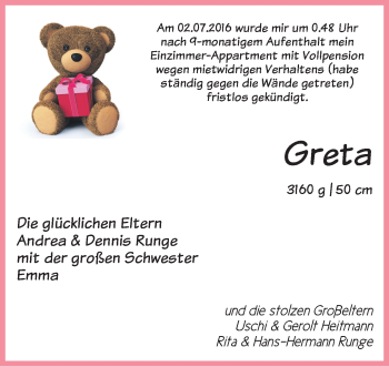 Babyanzeige von Greta Runge von Wuemme Zeitung