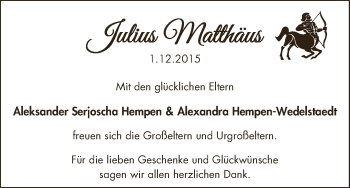Babyanzeige von Julius Matthäus Hempen von WESER-KURIER