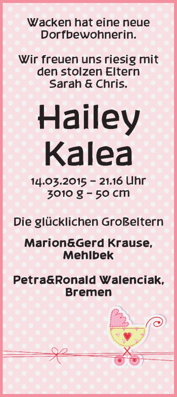 Babyanzeige von Hailey Kalea  von WESER-KURIER