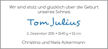 Babyanzeige von Tom Julius Ackermann von WESER-KURIER