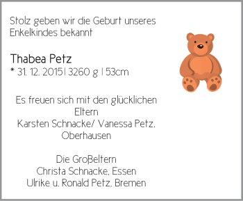 Babyanzeige von Thabea Petz von WESER-KURIER
