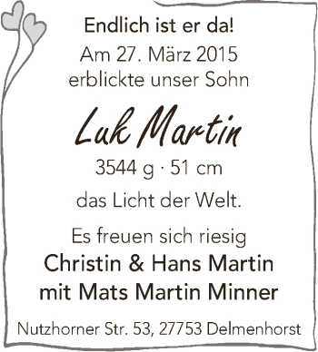Babyanzeige von Luk Martin Minner von WESER-KURIER