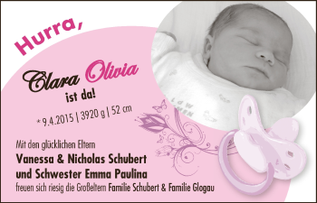 Babyanzeige von Clara Olivia Schubert von WESER-KURIER