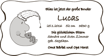 Babyanzeige von Lucas Zimmer von Osterholzer Kreisblatt