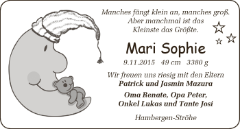 Babyanzeige von Mari Sophie Mazura von Osterholzer Kreisblatt