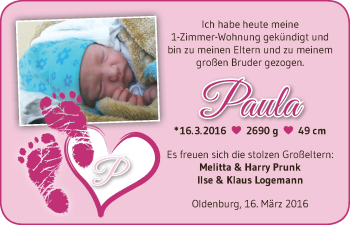 Babyanzeige von Paula  von WESER-KURIER