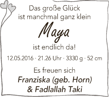 Babyanzeige von Maya Taki von WESER-KURIER