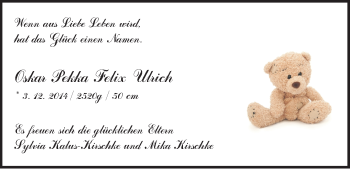Babyanzeige von Oskar Pekka Felix Ulrich  von WESER-KURIER