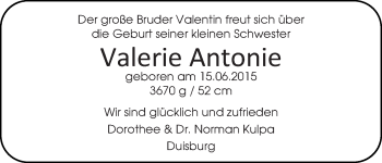 Babyanzeige von Valerie Antonie  von WESER-KURIER