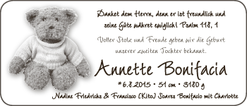 Babyanzeige von Annette Bonifacia von WESER-KURIER