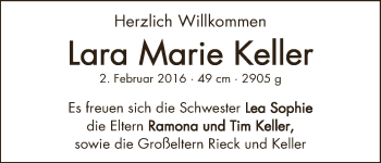 Babyanzeige von Lara Sophie Keller von WESER-KURIER