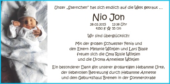 Babyanzeige von Nio Jon  von WESER-KURIER